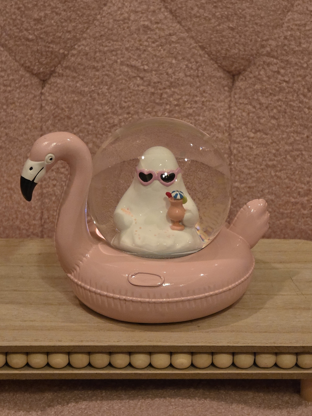 Summerween Ghost On Flamingo Base Snow Globe